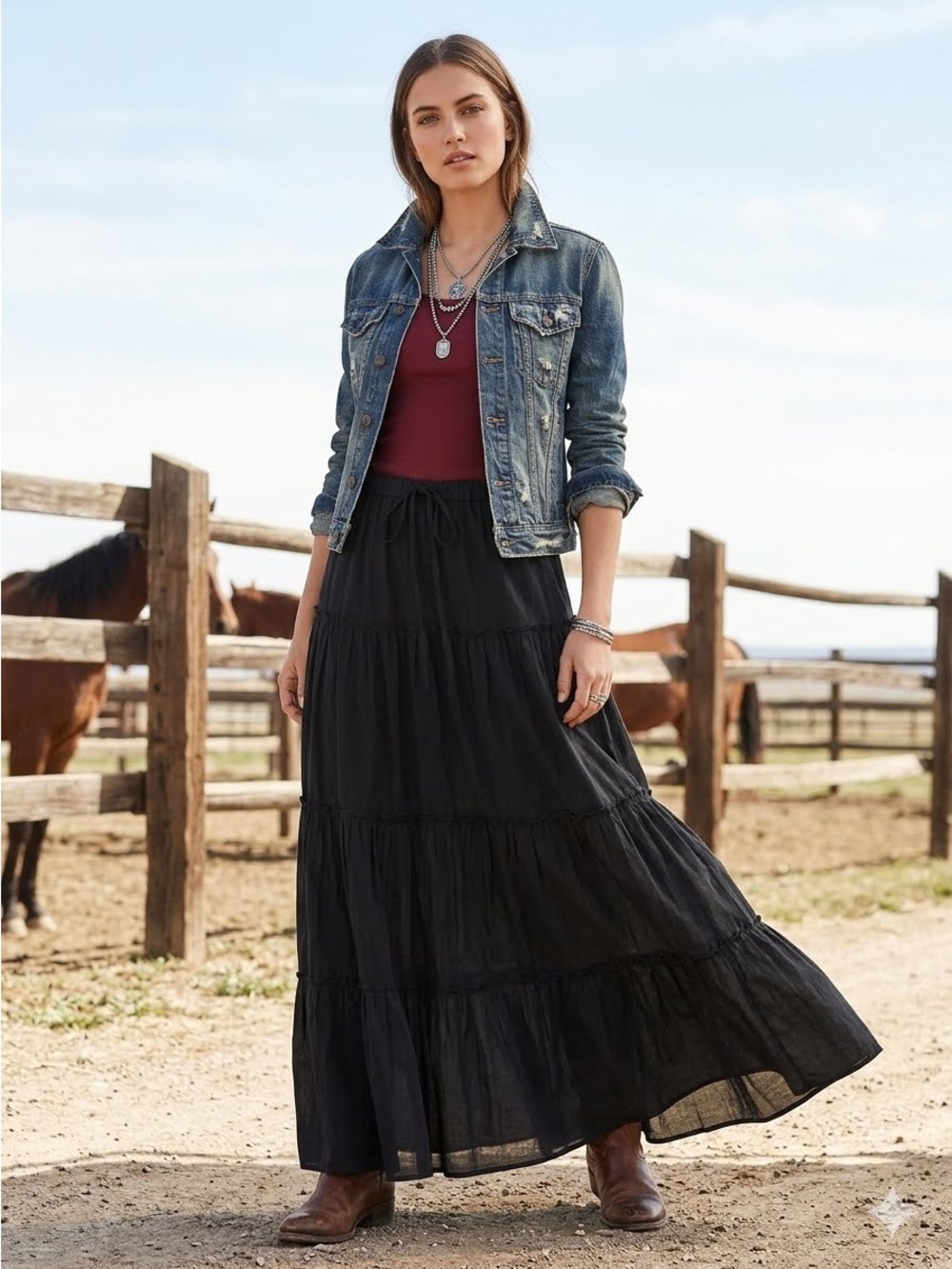Denim & Supply Ralph Lauren Black Tiered Maxi Skirt Cotton Boho Festival M
